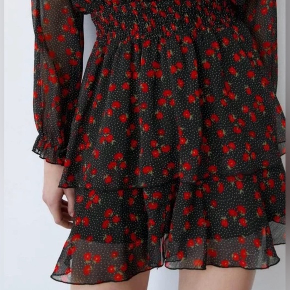 ZARA Floral Chiffon Long Sleeve V-Neck Flounced Mini Dress Black Red Size Small - Picture 7 of 16